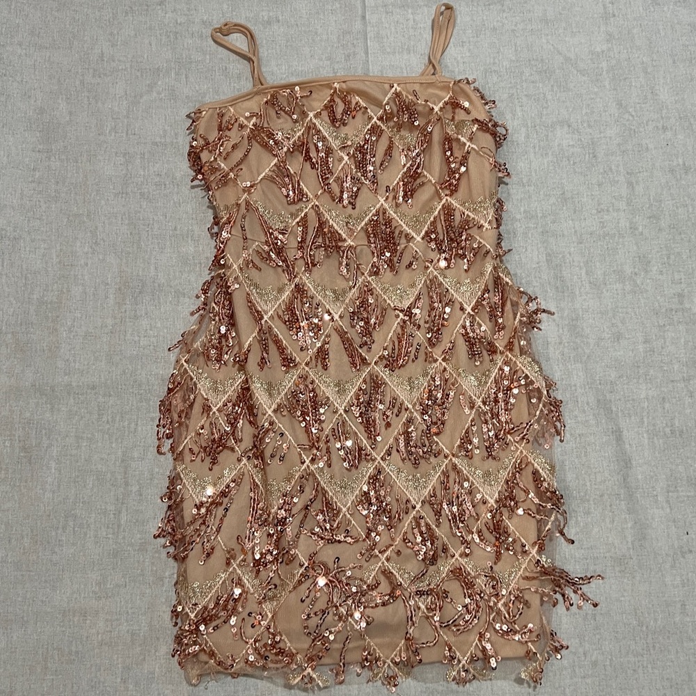Pretty little thing long dangle sequin spaghetti strap rose gold dress